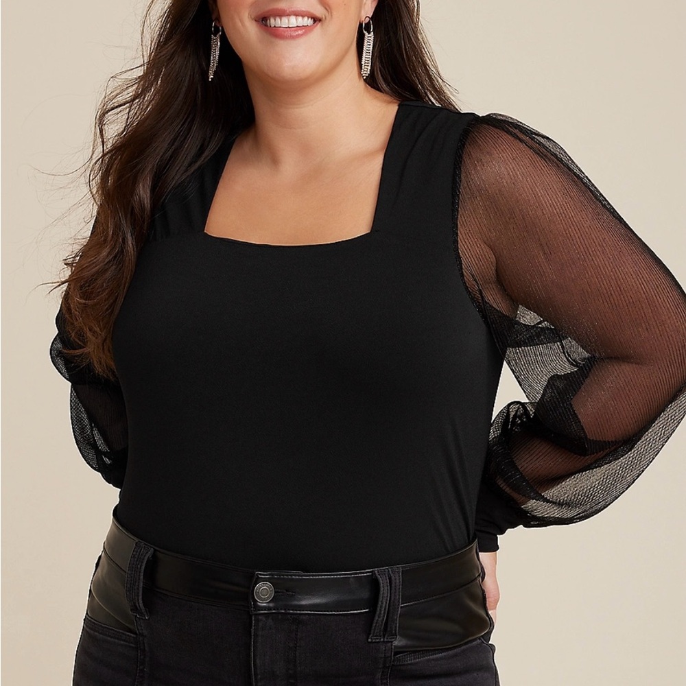 Maurice’s Plisse Sleeve Blouse Black Sheer Sleeve Women's size 1X